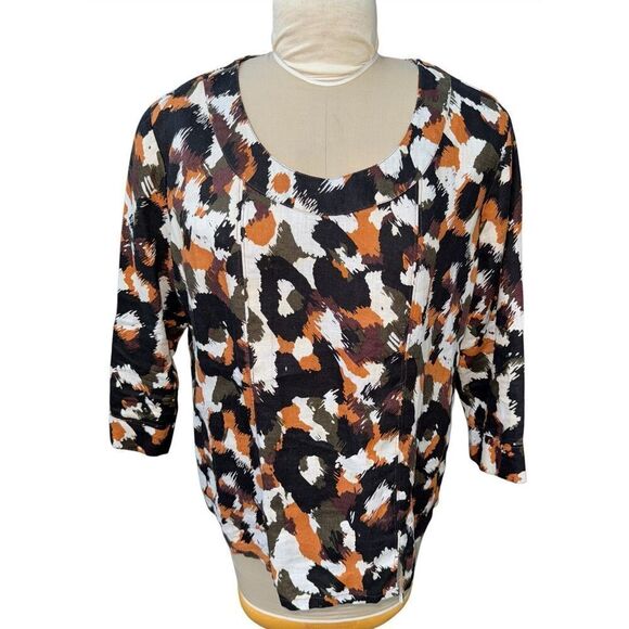 Hot Cotton 100% Linen Abstract Print Top Sz. XL 3/4 Sleeves Boxy - Picture 1 of 9